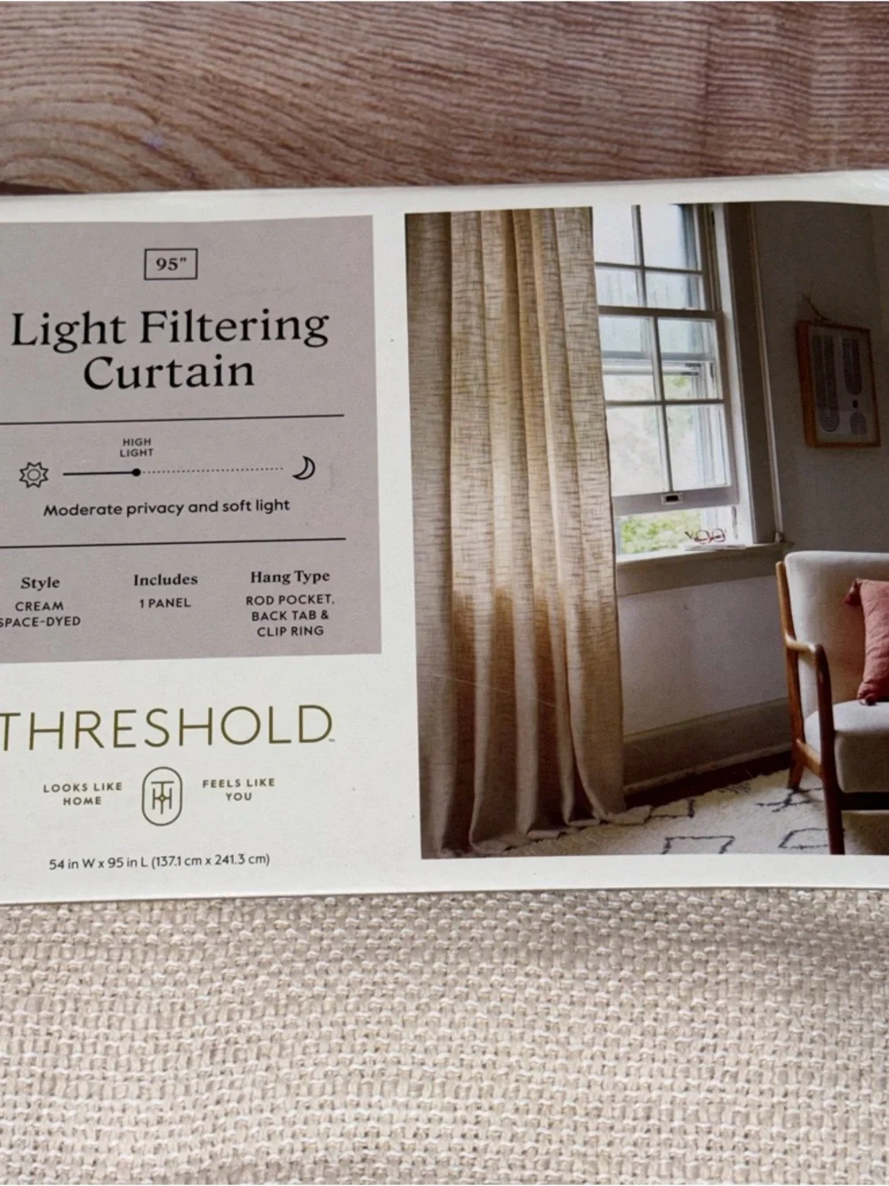 54”x95” Threshold Light Filtering Textured Window Curtain Panel in Cream NWT